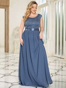 Color=Dusty Navy | Classic Round Neck V Back A-Line Chiffon Bridesmaid Dresses With Lace-Dusty Navy 2