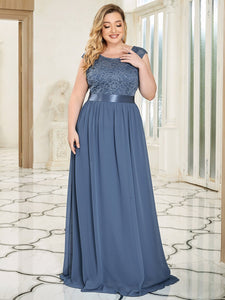 Color=Dusty Navy | Classic Round Neck V Back A-Line Chiffon Bridesmaid Dresses With Lace-Dusty Navy 3
