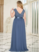 Load image into Gallery viewer, Color=Dusty Navy | Classic Round Neck V Back A-Line Chiffon Bridesmaid Dresses With Lace-Dusty Navy 4
