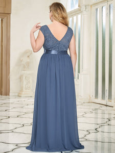 Color=Dusty Navy | Classic Round Neck V Back A-Line Chiffon Bridesmaid Dresses With Lace-Dusty Navy 4
