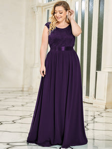 Color=Dark Purple | Classic Round Neck V Back A-Line Chiffon Bridesmaid Dresses With Lace-Dark Purple 1