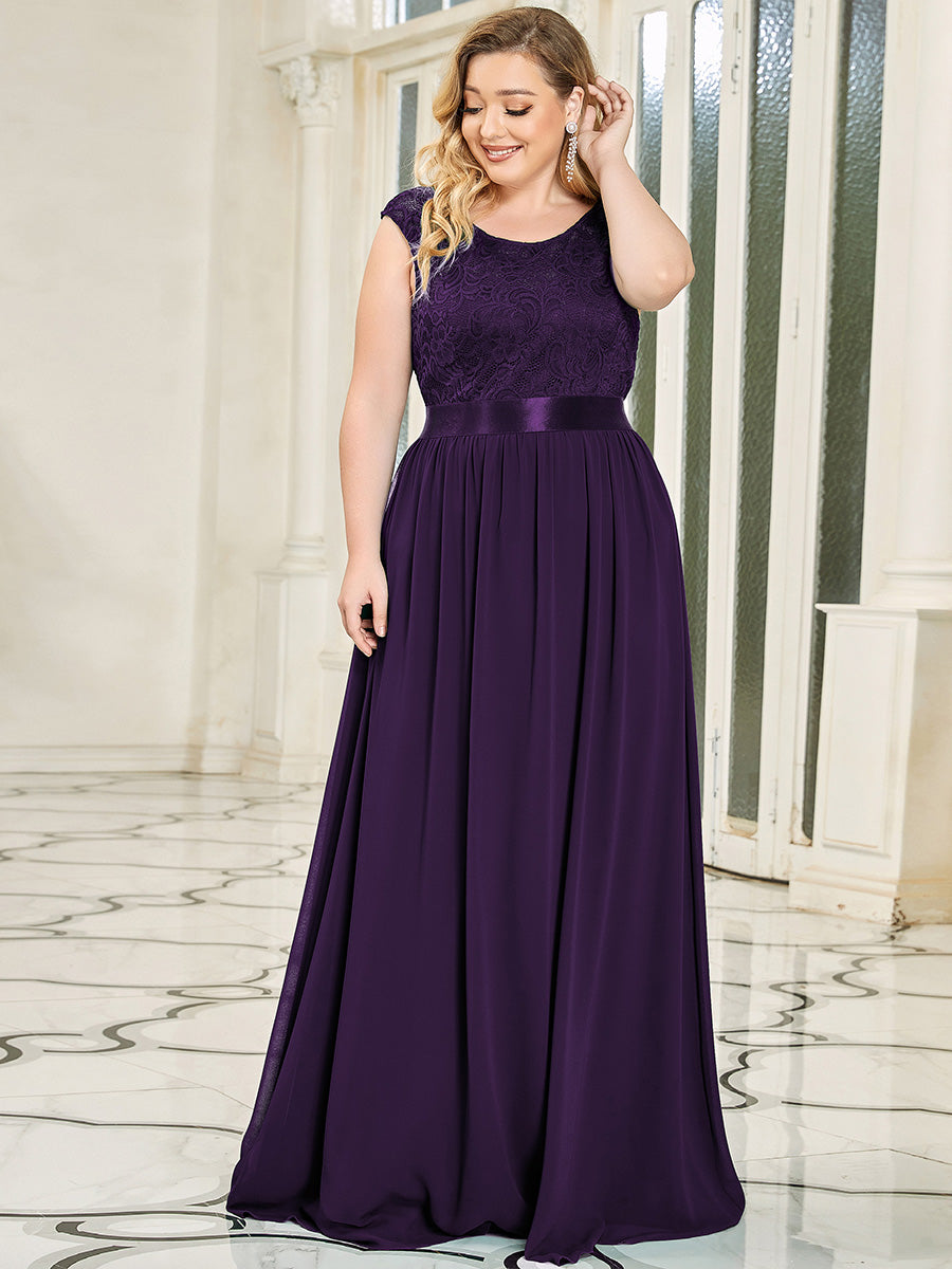 Color=Dark Purple | Classic Round Neck V Back A-Line Chiffon Bridesmaid Dresses With Lace-Dark Purple 1