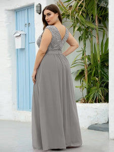 Color=Grey | Classic Round Neck V Back A-Line Chiffon Bridesmaid Dresses With Lace-Grey 7