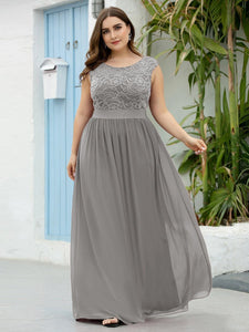 Color=Grey | Classic Round Neck V Back A-Line Chiffon Bridesmaid Dresses With Lace-Grey 8