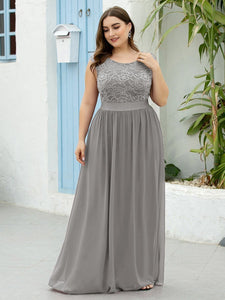 Color=Grey | Classic Round Neck V Back A-Line Chiffon Bridesmaid Dresses With Lace-Grey 9