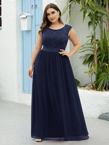 Color=Navy Blue | Classic Round Neck V Back A-Line Chiffon Bridesmaid Dresses With Lace-Navy Blue 6