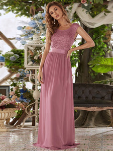 Color=Purple Orchid | Classic Round Neck V Back A-Line Chiffon Bridesmaid Dresses With Lace-Purple Orchid 3
