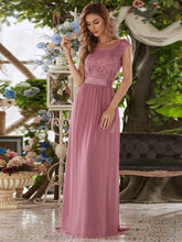 Load image into Gallery viewer, Color=Purple Orchid | Classic Round Neck V Back A-Line Chiffon Bridesmaid Dresses With Lace-Purple Orchid 1