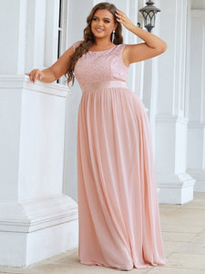 Color=Pink | Classic Round Neck V Back A-Line Chiffon Bridesmaid Dresses With Lace-Pink 4