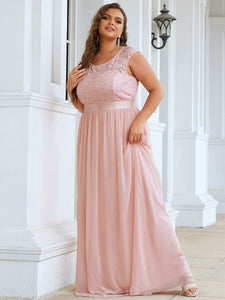 Color=Pink | Classic Round Neck V Back A-Line Chiffon Bridesmaid Dresses With Lace-Pink 1
