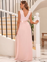 Load image into Gallery viewer, Color=Pink | Classic Round Neck V Back A-Line Chiffon Bridesmaid Dresses With Lace-Pink 2