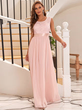 Load image into Gallery viewer, Color=Pink | Classic Round Neck V Back A-Line Chiffon Bridesmaid Dresses With Lace-Pink 4