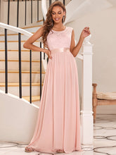 Load image into Gallery viewer, Color=Pink | Classic Round Neck V Back A-Line Chiffon Bridesmaid Dresses With Lace-Pink 1