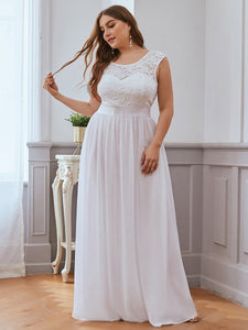 Color=White | Classic Round Neck V Back A-Line Chiffon Bridesmaid Dresses With Lace-White 3