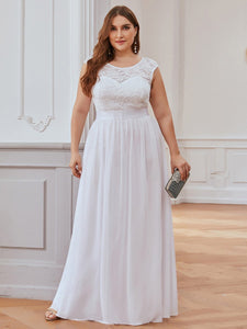 Color=White | Classic Round Neck V Back A-Line Chiffon Bridesmaid Dresses With Lace-White 1