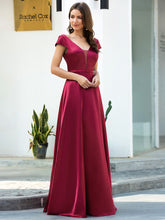 Load image into Gallery viewer, Color=Burgundy | Gorgeous Deep Double V Neck Satin Prom Dress With Cap Sleeves-Burgundy 3