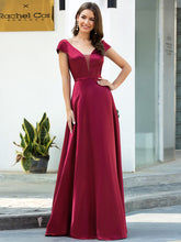 Load image into Gallery viewer, Color=Burgundy | Gorgeous Deep Double V Neck Satin Prom Dress With Cap Sleeves-Burgundy 4