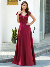 Load image into Gallery viewer, Color=Burgundy | Gorgeous Deep Double V Neck Satin Prom Dress With Cap Sleeves-Burgundy 1