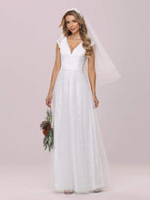 Load image into Gallery viewer, Color=Cream | Women&#39;S Simple V Neck Tulle Wedding Dress With Lace-Cream 6