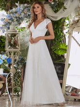 Load image into Gallery viewer, Color=Cream | Romantic White V Neck A-Line Tulle Wedding Dresses With Floral Lace-Cream 9