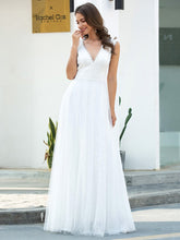 Load image into Gallery viewer, Color=Cream | Romantic White V Neck A-Line Tulle Wedding Dresses With Floral Lace-Cream 3