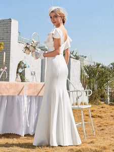 Color=Cream | Plain Maxi Fishtail Wedding Dress With Ruffle Sleeves-Cream 3