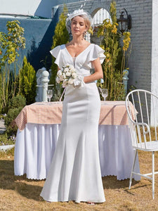 Color=Cream | Plain Maxi Fishtail Wedding Dress With Ruffle Sleeves-Cream 4