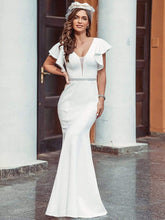 Load image into Gallery viewer, Color=Cream | Plain Maxi Fishtail Wedding Dress With Ruffle Sleeves-Cream 9