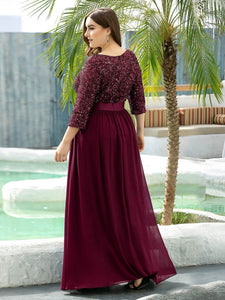 Color=Burgundy | Elegant Round Neckline 3/4 Sleeve Sequins Patchwork Evening Dress-Burgundy 2