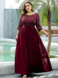 Color=Burgundy | Elegant Round Neckline 3/4 Sleeve Sequins Patchwork Evening Dress-Burgundy 4