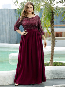 Color=Burgundy | Elegant Round Neckline 3/4 Sleeve Sequins Patchwork Evening Dress-Burgundy 1
