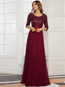 Color=Burgundy | Elegant Round Neckline 3/4 Sleeve Sequins Patchwork Evening Dress-Burgundy 3
