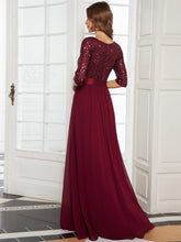 Load image into Gallery viewer, Color=Burgundy | Elegant Round Neckline 3/4 Sleeve Sequins Patchwork Evening Dress-Burgundy 2