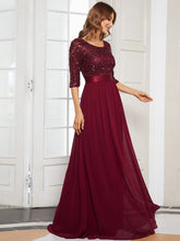 Load image into Gallery viewer, Color=Burgundy | Elegant Round Neckline 3/4 Sleeve Sequins Patchwork Evening Dress-Burgundy 4