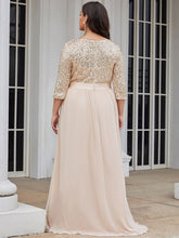 Load image into Gallery viewer, Color=Blush | Elegant Round Neckline 3/4 Sleeve Sequins Patchwork Evening Dress-Blush 2