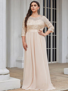 Color=Blush | Elegant Round Neckline 3/4 Sleeve Sequins Patchwork Evening Dress-Blush 4