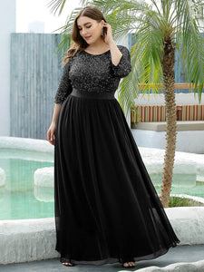 Color=Black | Elegant Round Neckline 3/4 Sleeve Sequins Patchwork Evening Dress-Black 3