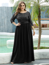 Load image into Gallery viewer, Color=Black | Elegant Round Neckline 3/4 Sleeve Sequins Patchwork Evening Dress-Black 1