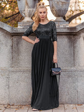 Load image into Gallery viewer, Color=Black | Elegant Round Neckline 3/4 Sleeve Sequins Patchwork Evening Dress-Black 1