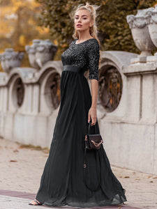 Color=Black | Elegant Round Neckline 3/4 Sleeve Sequins Patchwork Evening Dress-Black 2