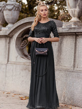 Load image into Gallery viewer, Color=Black | Elegant Round Neckline 3/4 Sleeve Sequins Patchwork Evening Dress-Black 4