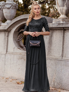 Color=Black | Elegant Round Neckline 3/4 Sleeve Sequins Patchwork Evening Dress-Black 4