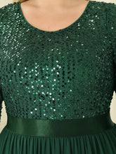 Load image into Gallery viewer, Color=Green Dark | Elegant Round Neckline 3/4 Sleeve Sequins Patchwork Evening Dress-Green Dark 5