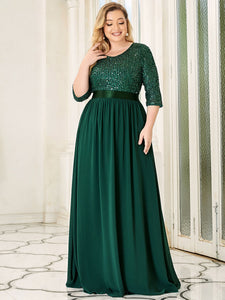 Color=Green Dark | Elegant Round Neckline 3/4 Sleeve Sequins Patchwork Evening Dress-Green Dark 3