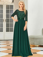Load image into Gallery viewer, Color=Dark Green | Elegant Round Neckline 3/4 Sleeve Sequins Patchwork Evening Dress-Dark Green 1