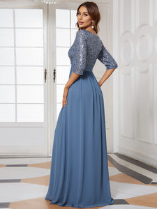 Color=Dusty Navy | Elegant Round Neckline 3/4 Sleeve Sequins Patchwork Evening Dress-Dusty Navy 2