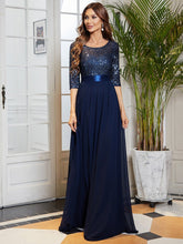 Load image into Gallery viewer, Color=Navy Blue | Elegant Round Neckline 3/4 Sleeve Sequins Patchwork Evening Dress-Navy Blue 5