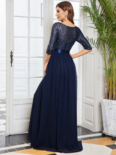Load image into Gallery viewer, Color=Navy Blue | Elegant Round Neckline 3/4 Sleeve Sequins Patchwork Evening Dress-Navy Blue 6