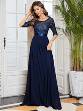 Load image into Gallery viewer, Color=Navy Blue | Elegant Round Neckline 3/4 Sleeve Sequins Patchwork Evening Dress-Navy Blue 7