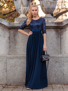 Color=Navy Blue | Elegant Round Neckline 3/4 Sleeve Sequins Patchwork Evening Dress-Navy Blue 1